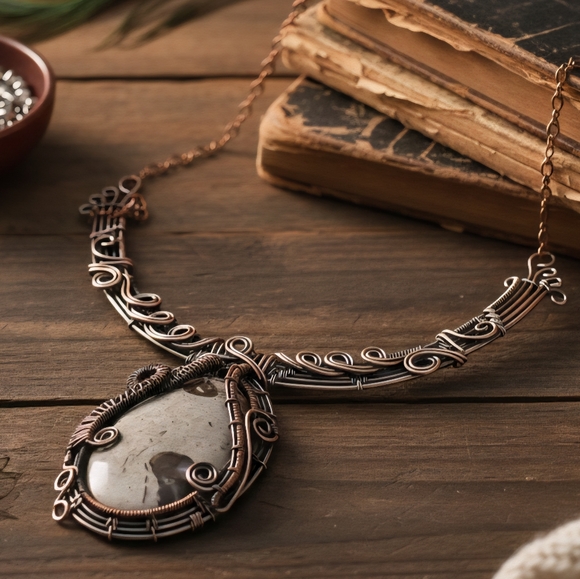 NKULTD Jewelry - Boho Chic Copper Wire Wrapped Coffee Bean Jasper Gemstone Artisanal Necklace